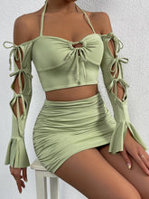 Long Sleeve Off Shoulder Crop Tops & Ruched Skirts